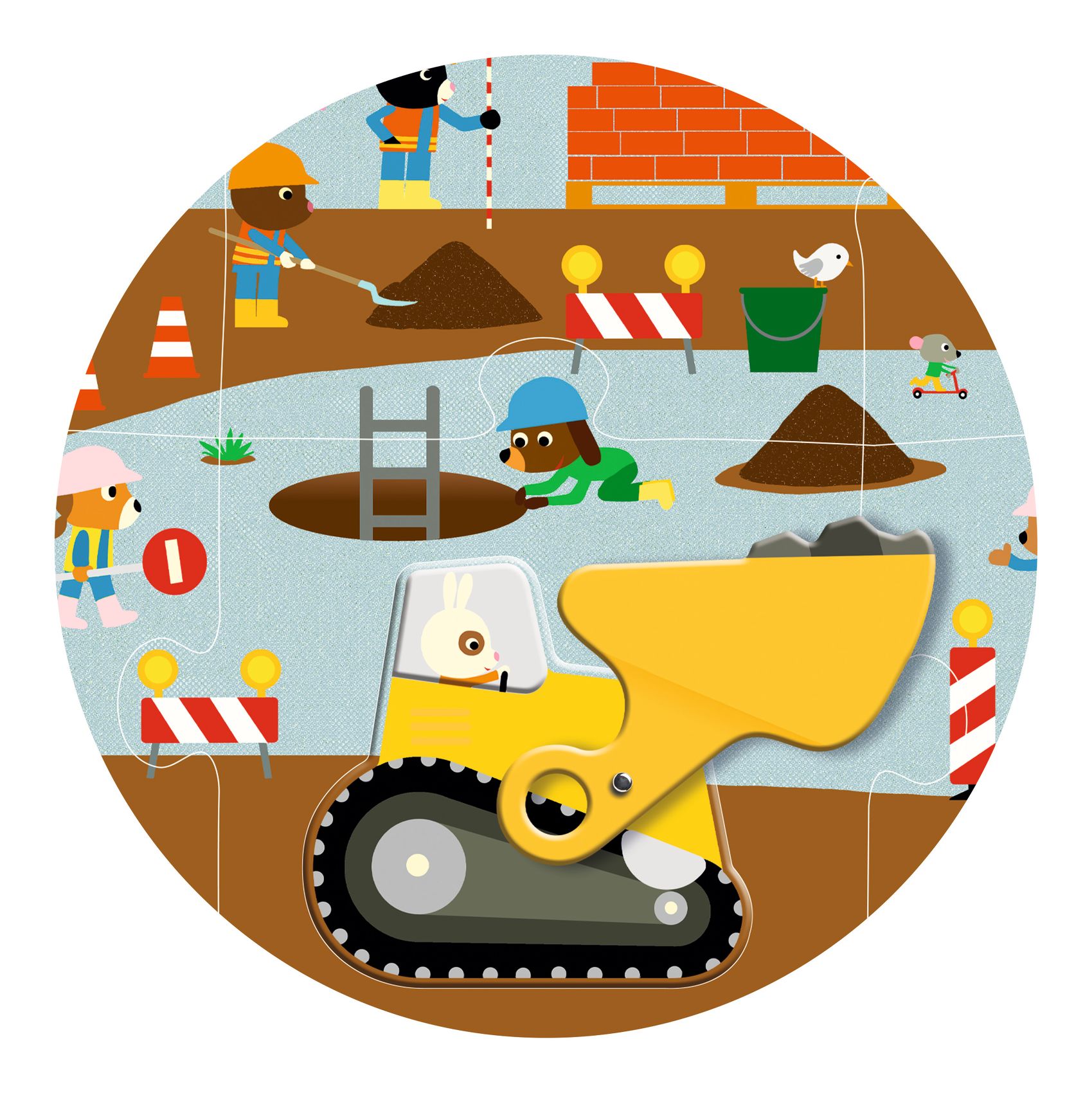 Ilustração de animais numa obra de construção com escavadora amarela e equipamentos de segurança.