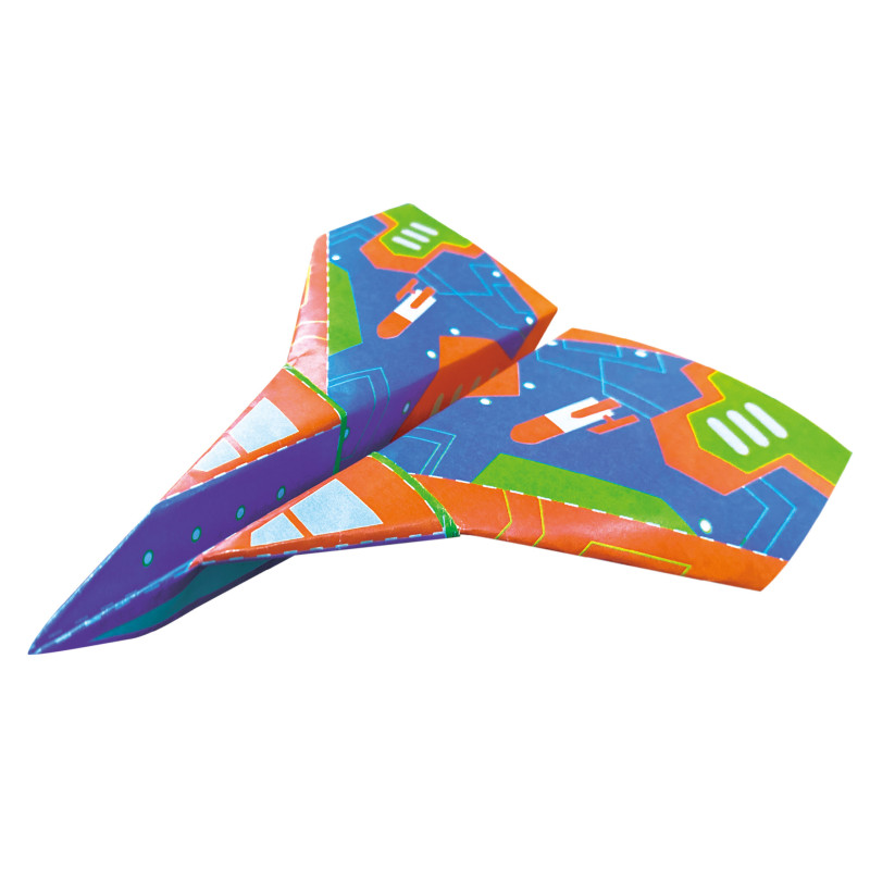 Avião de papel colorido com padrões gráficos.