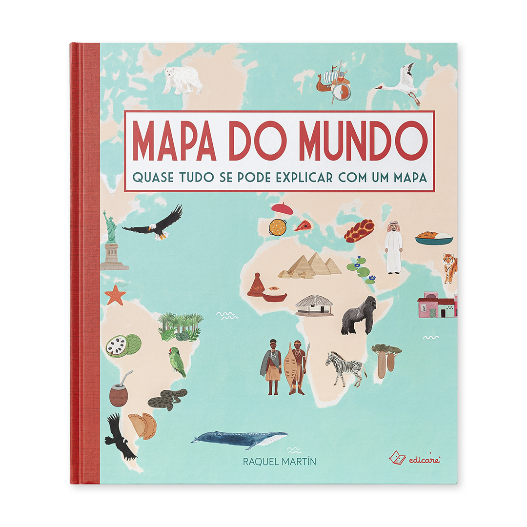 Capa de livro 'MAPA DO MUNDO' com ilustrações de animais, pessoas e monumentos sobre um mapa do mundo