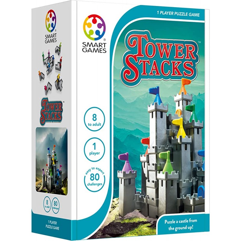 Embalagem do jogo Tower Stacks com castelo cinzento e bandeiras coloridas