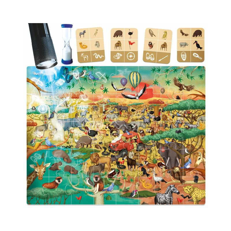 Puzzle ilustrado de savana africana com animais e acessórios como lanterna e ampulheta
