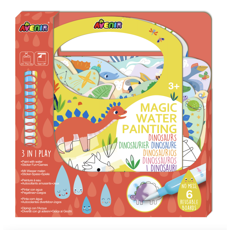 Caixa de Magic Water Painting com tema dinossauros da Avenir, 6 placas reutilizáveis e caneta de água azul