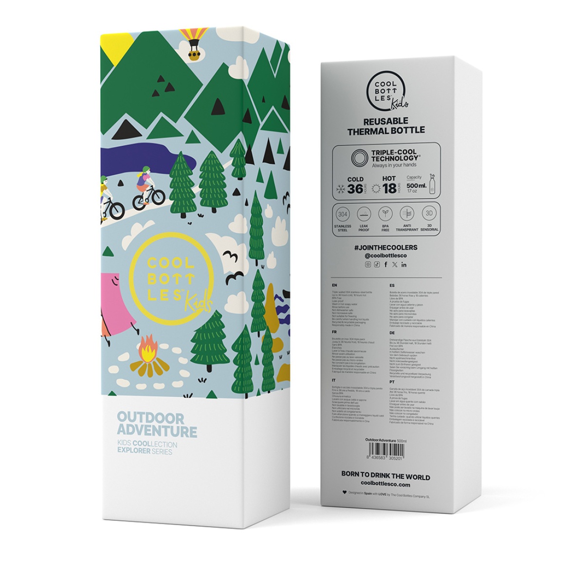 Embalagem colorida de garrafa térmica reutilizável para crianças com design de natureza e texto COOL BOTTLES Kids