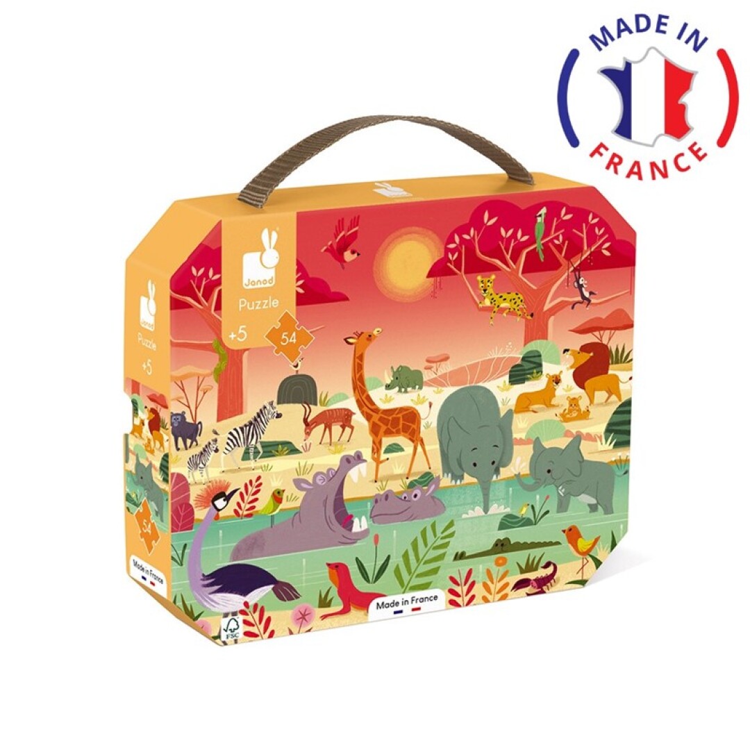 Caixa de puzzle com ilustração de animais selvagens na savana e selo Made in France
