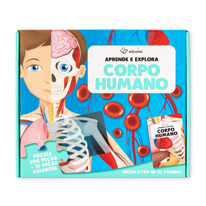 Caixa de puzzle educativo corpo humano com ilustração e texto