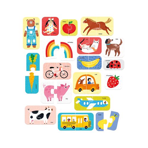 Puzzle infantil de madeira com desenhos de animais, frutas e veículos.