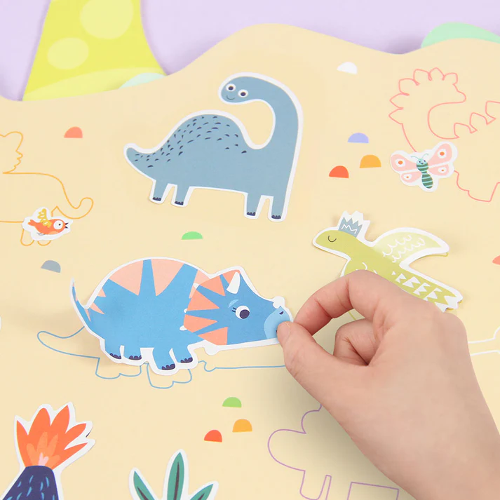 Cartaz infantil com figuras autocolantes de dinossauros e animais coloridos