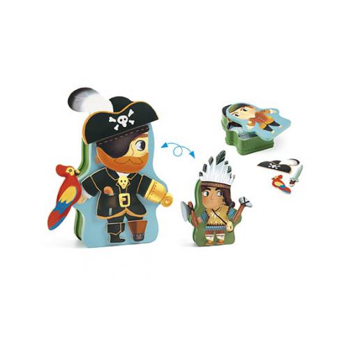 Peças de madeira coloridas de personagens infantis pirata e índio