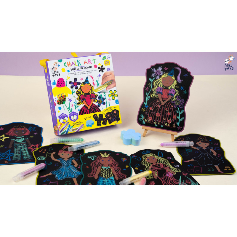 Conjunto Chalk Art Dress Up The Princess com placas decorativas pretas e giz líquido colorido.