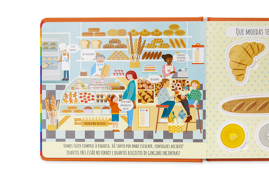 Ilustração colorida de uma padaria com pães, bolos e clientes em livro infantil