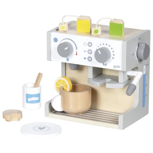 Máquina de café de brinquedo em madeira com acessórios coloridos e marca goki