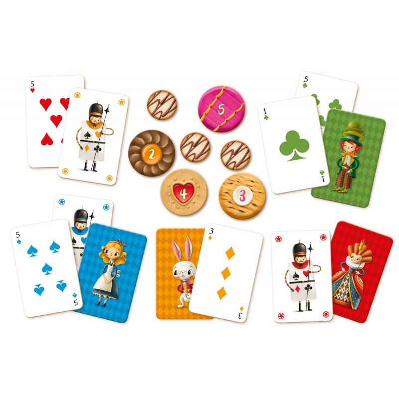 Cartas de baralho coloridas com personagens e fichas redondas numeradas