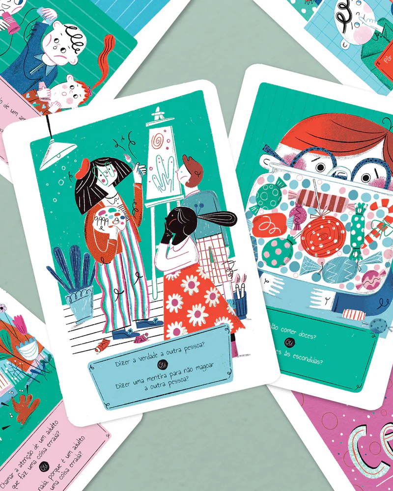 Cartas ilustradas com dilemas morais em português