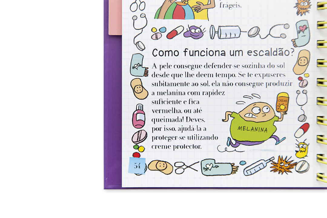 Página colorida de livro infantil em português sobre escaldão com ilustrações e texto explicativo
