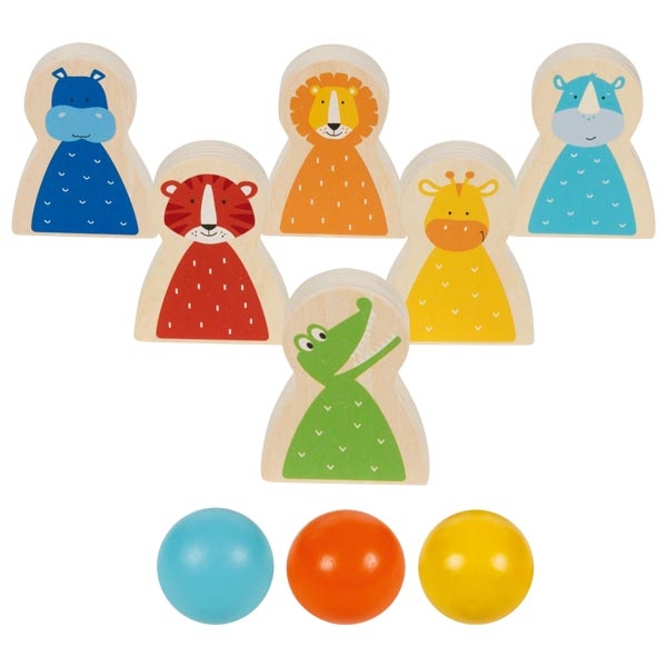 Bonecos de madeira de animais coloridos com três bolas coloridas