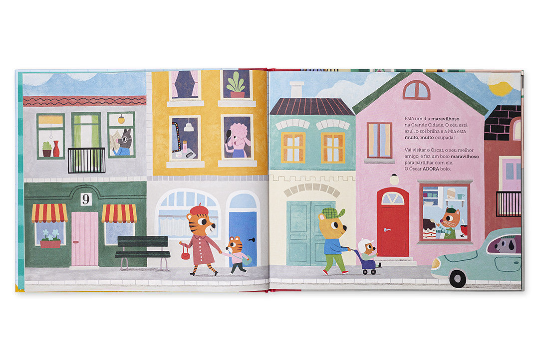 Página dupla de livro infantil com ilustrações coloridas de ruas, casas e animais e texto em português