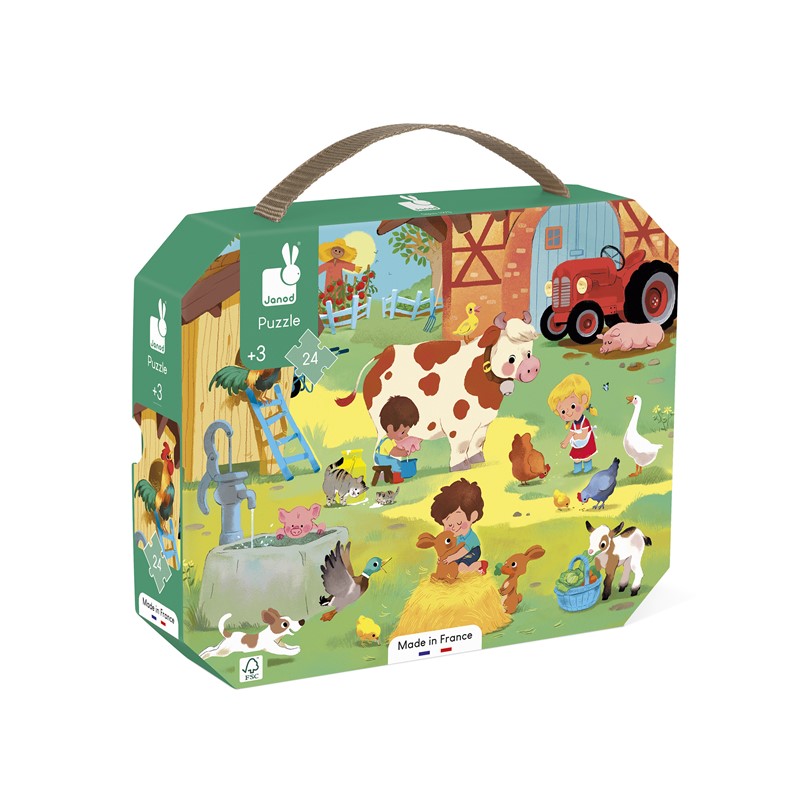 Caixa de puzzle de 24 peças com desenho de quinta e animais.