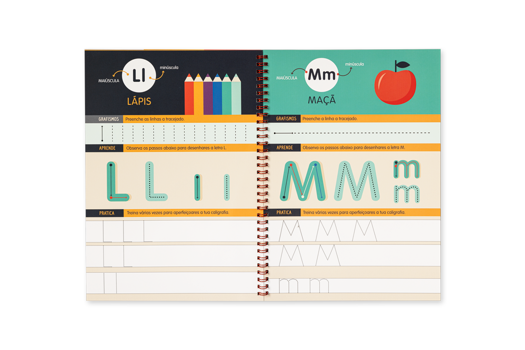 Caderno educativo aberto com exercícios de escrita das letras LI e MM.