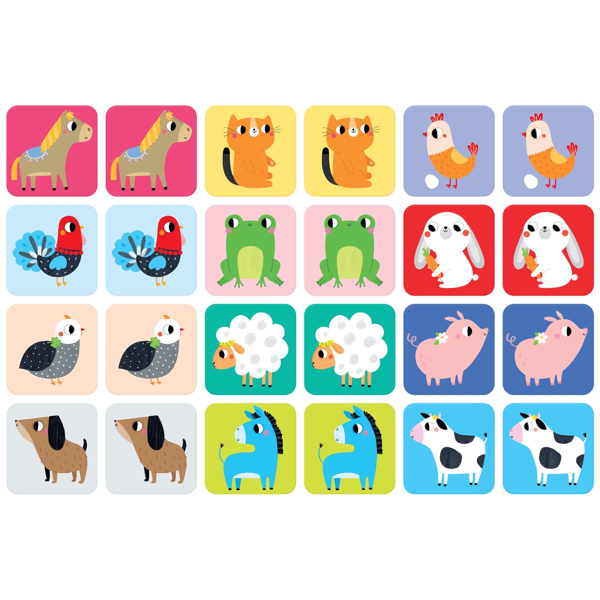 Cartas de memória com desenhos de animais coloridos em fundo de cores variadas