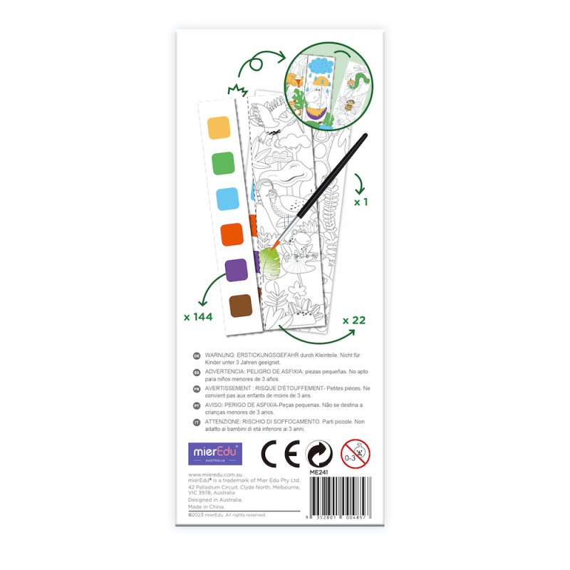 Embalagem com conjunto de pintura com pincel, tintas e desenho para colorir com animais