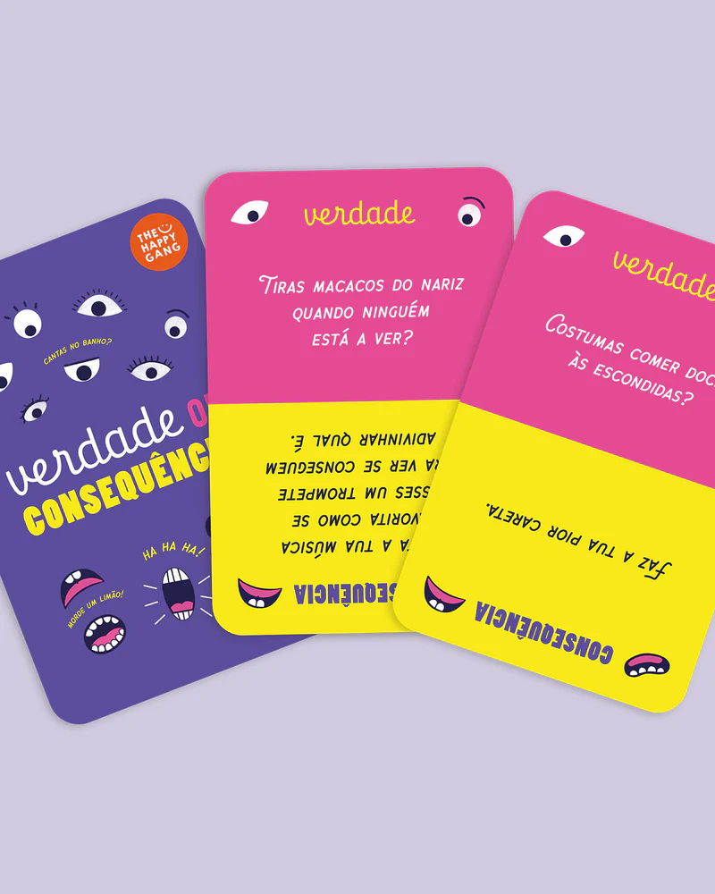 Cartas coloridas de jogo com texto em português sobre desafios de verdade ou consequência