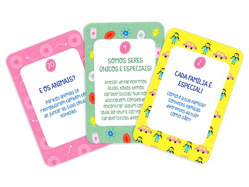 Três cartas educativas coloridas com texto em português sobre animais, unicidade e família