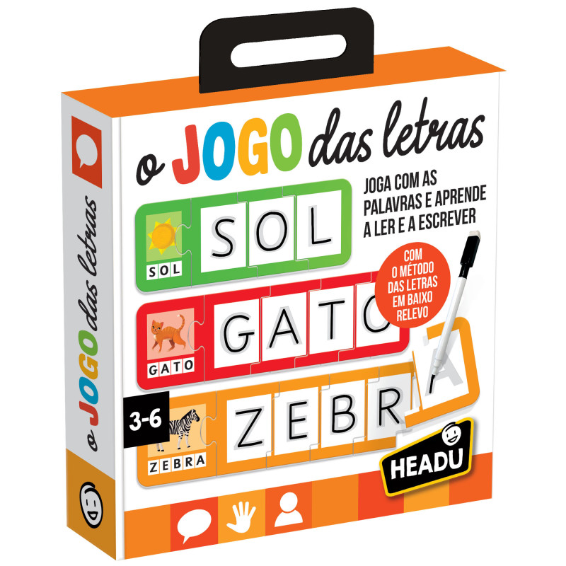 Caixa do jogo educativo o JOGO das letras da HEADU, para crianças de 3 a 6 anos.