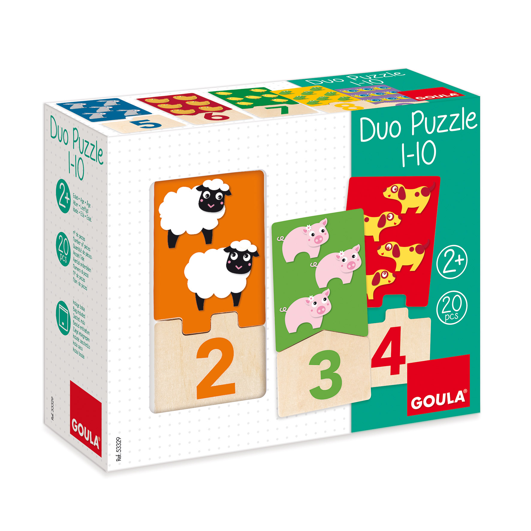 Caixa de puzzles Duo Puzzle 1-10 com peças de madeira coloridas e ilustrações de animais