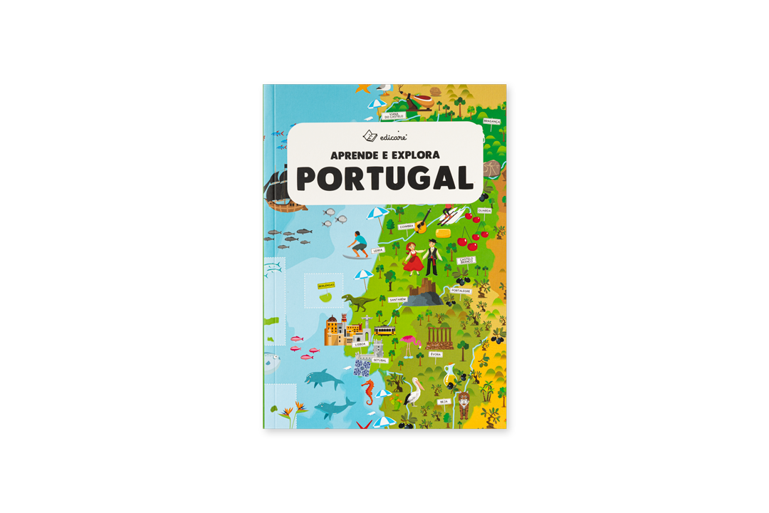 Livro infantil com capa ilustrada mostrando mapa de Portugal e texto 'APRENDE E EXPLORA PORTUGAL'