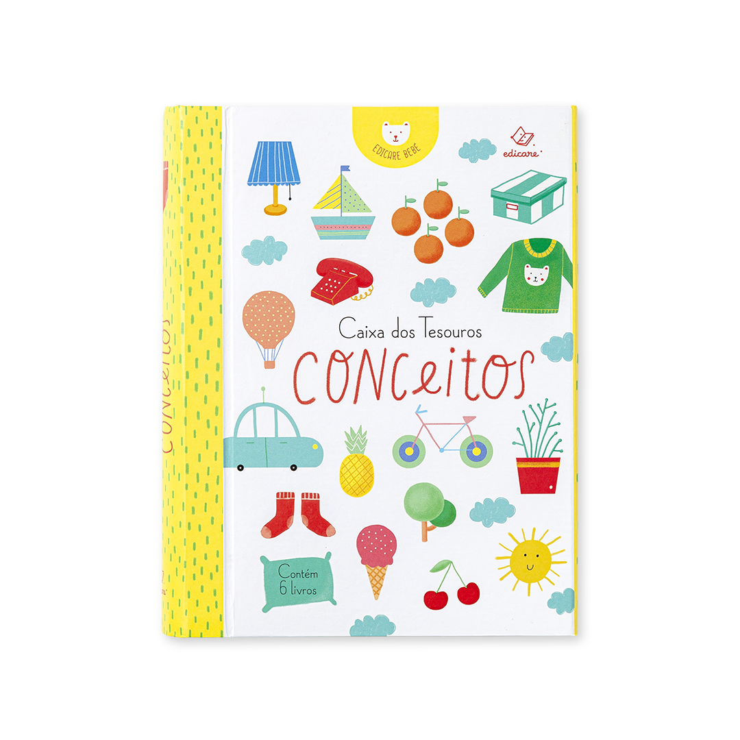 Capa de livro infantil com vários desenhos coloridos e título Caixa dos Tesouros CONCeitos