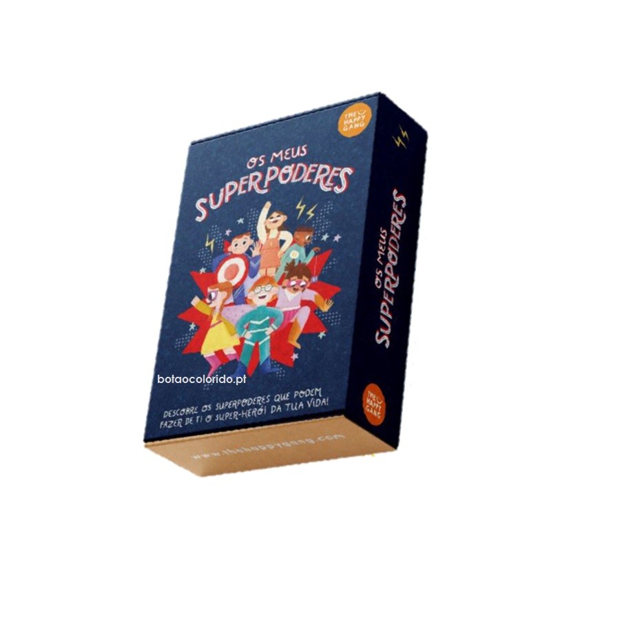 Caixa azul com ilustração de personagens e texto Os Meus Superpoderes