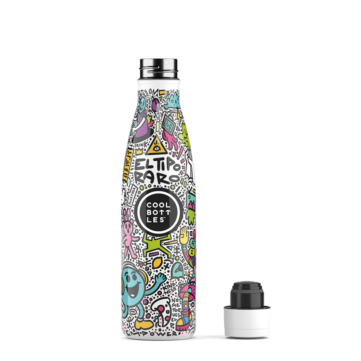 Garrafa metálica com estampado colorido e tampa preta ao lado.