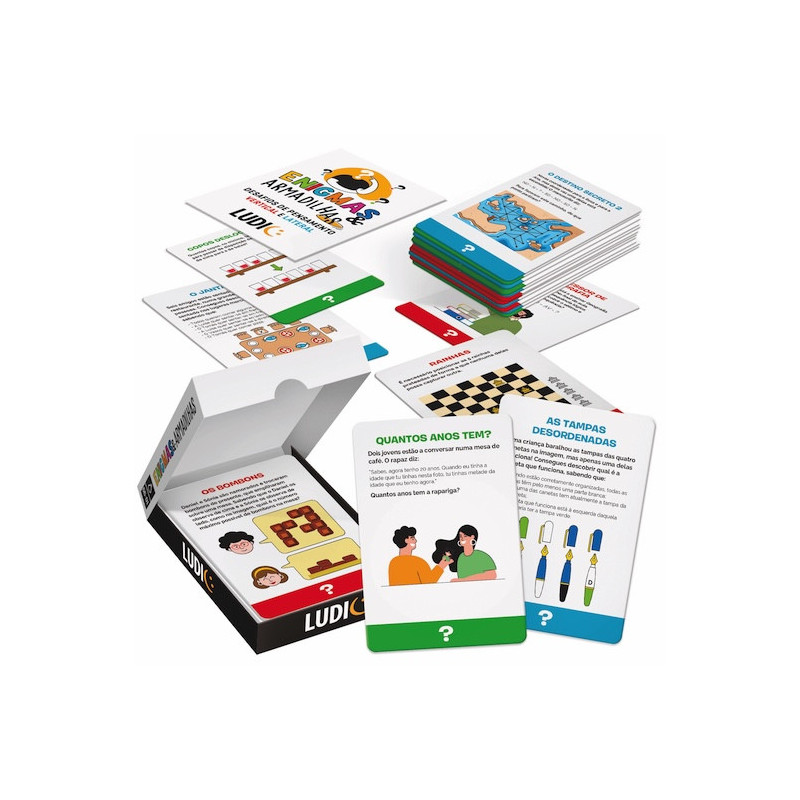 Conjunto de cartas educativas coloridas e caixa branca aberta com texto LUDIC