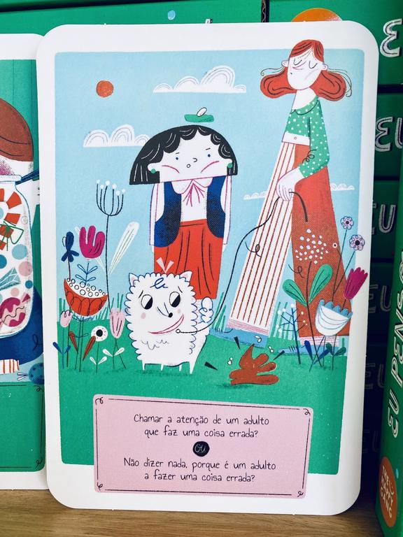 Carta ilustrada com personagens femininas, cão e texto em português