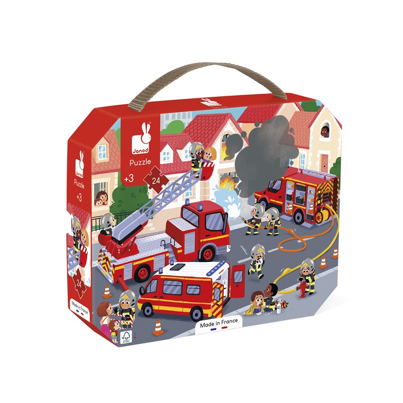 Caixa de puzzle Janod com 24 peças e ilustração de bombeiros