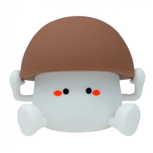 Brinquedo cogumelo branco e castanho com olhos e bochechas coloridas
