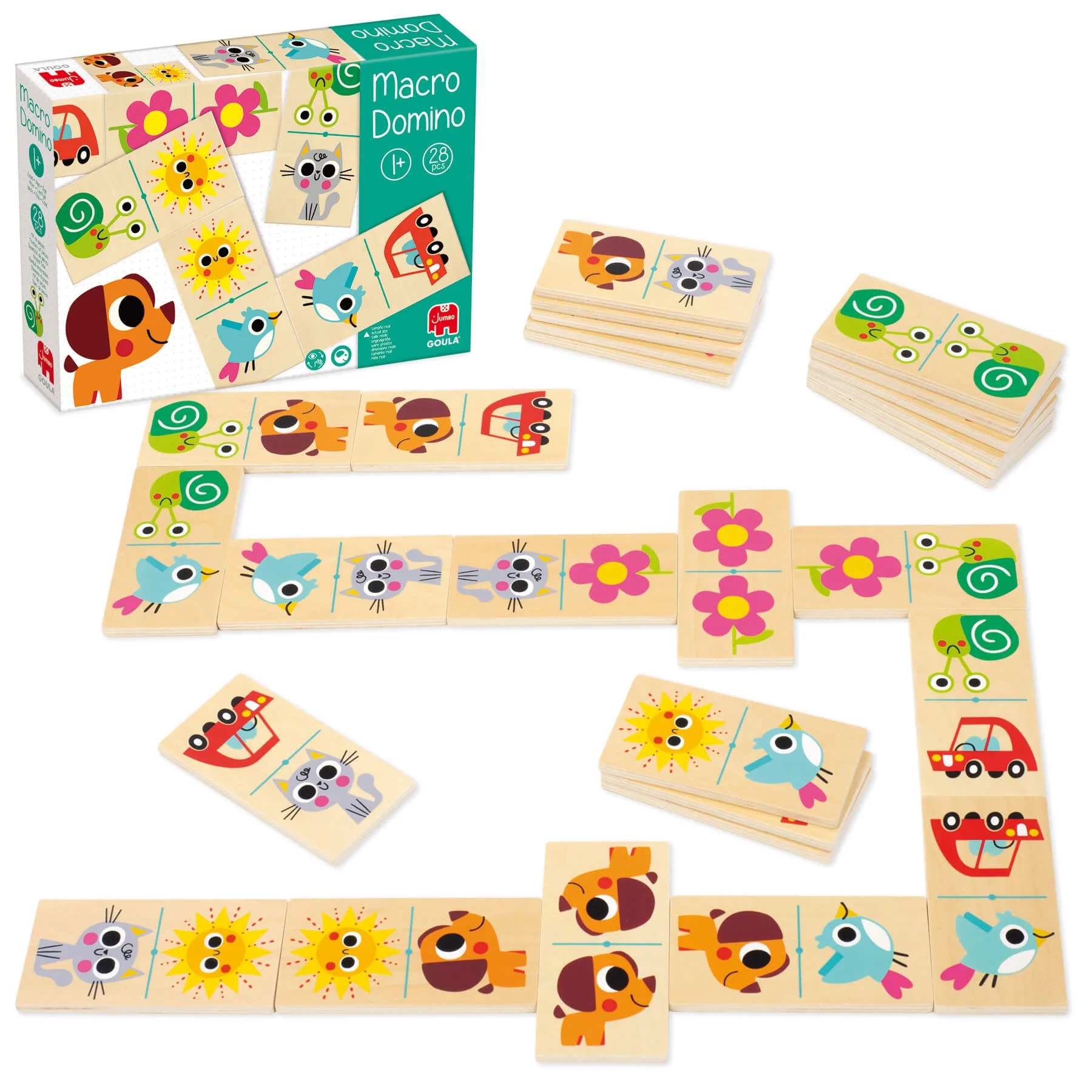 Jogo de dominó infantil de madeira com peças ilustradas e caixa Macro Domino