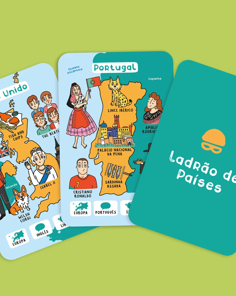 Cartas ilustradas do jogo Ladrão de Países com mapas de Portugal e Reino Unido
