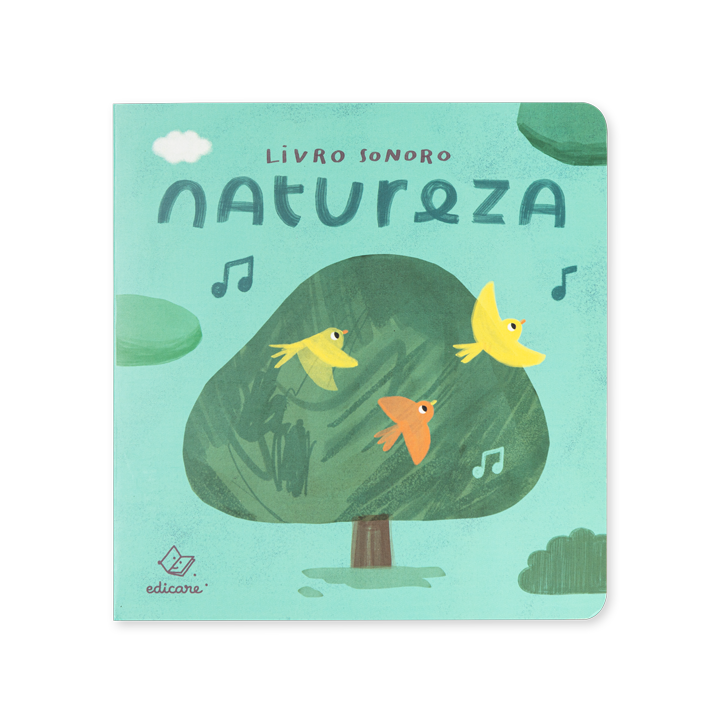 Capa de livro sonoro infantil Natureza com árvore e pássaros coloridos