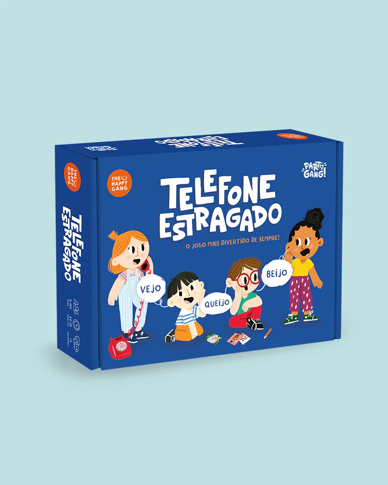 Caixa de jogo de tabuleiro Telefone Estragado azul com ilustrações de crianças e texto em português