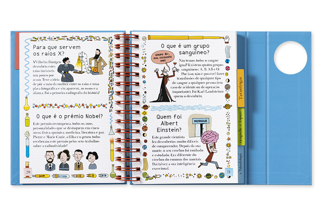 Livro infantil aberto com texto e ilustrações coloridas sobre ciência, com abas amarelas e verdes laterais.