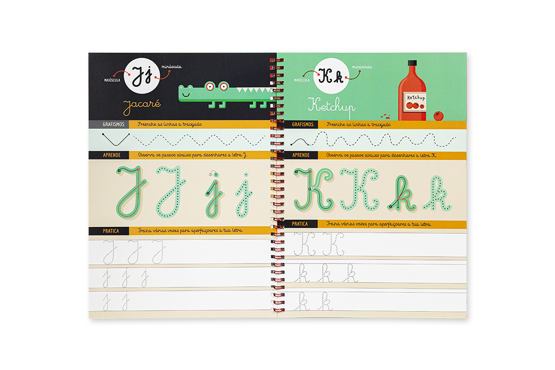 Livro aberto de caligrafia com letras Jj e Kk, ilustrações de jacaré e frasco de ketchup, texto instrucional em português.