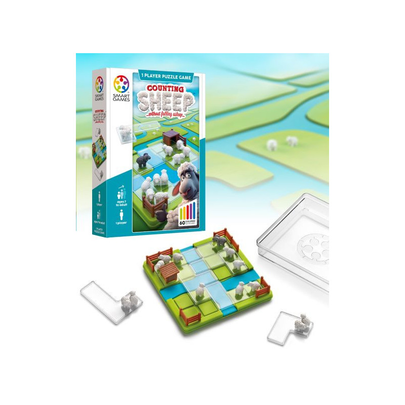 Jogo de tabuleiro Counting Sheep com peças de ovelhas e cercas coloridas