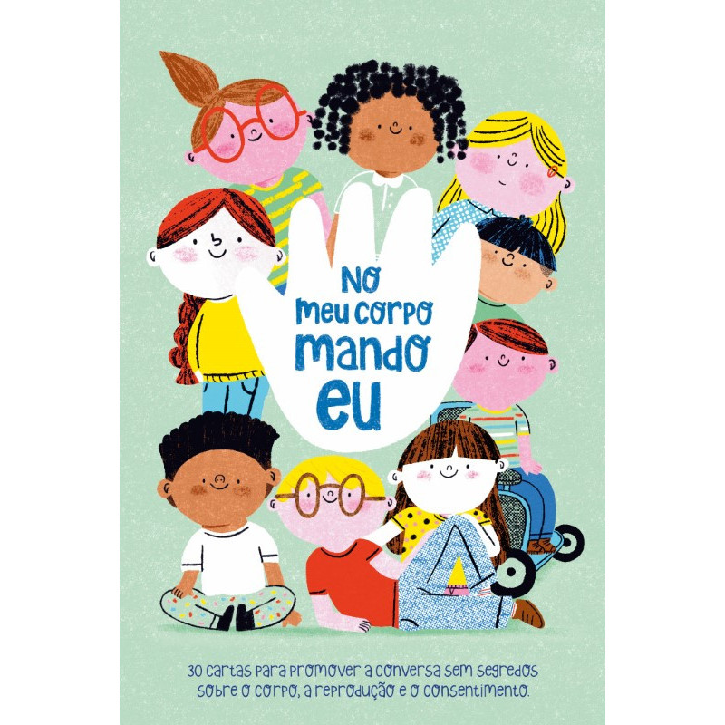 Ilustração de crianças em volta de uma mão com texto sobre corpo e consentimento