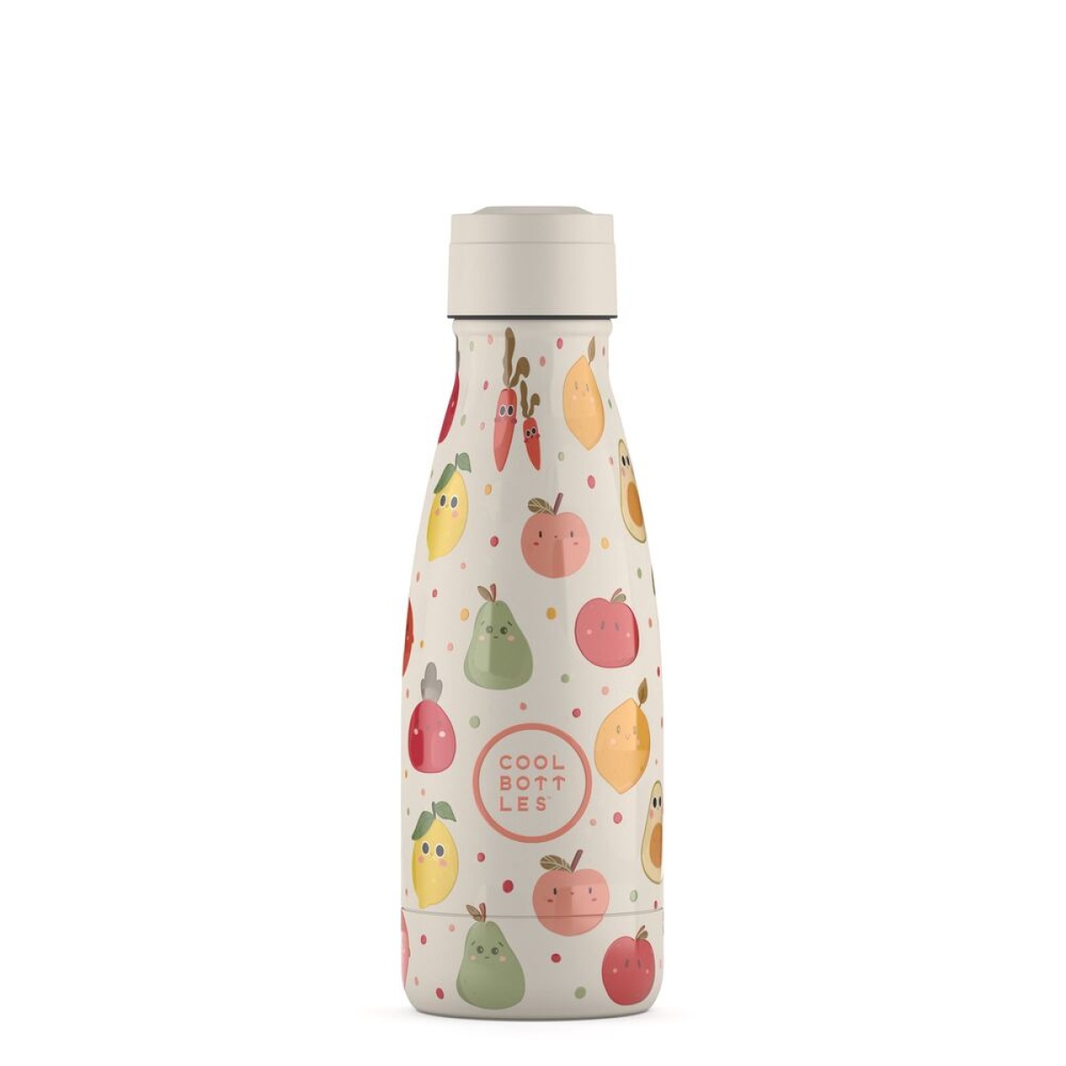 Garrafa térmica com estampas de frutas e texto COOL BOTTLES