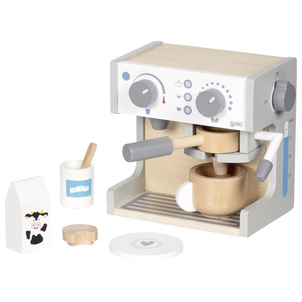 Máquina de café de brinquedo em madeira com acessórios