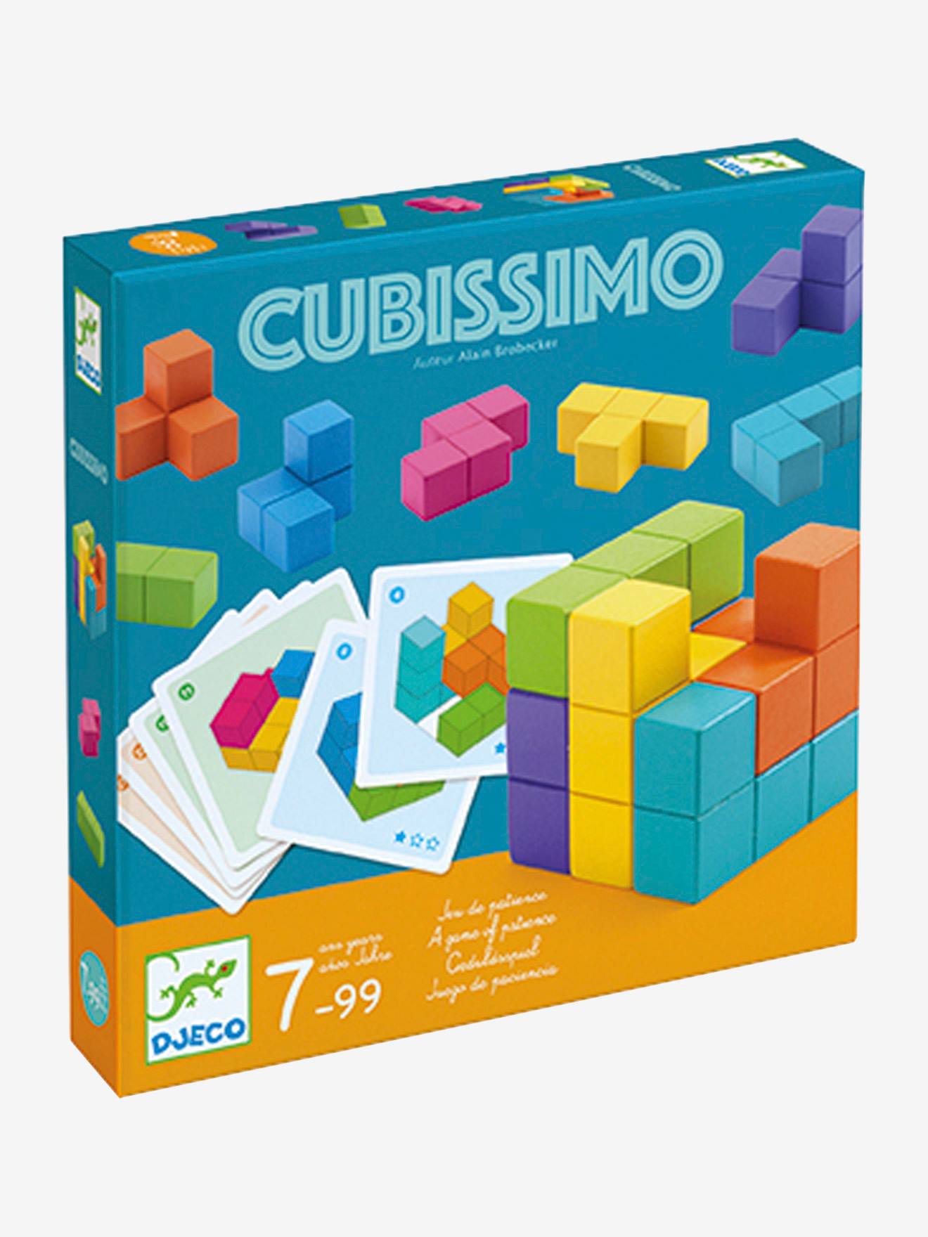 Caixa do jogo Cubissimo com peças de construção coloridas