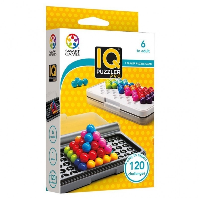 Caixa do jogo IQ PUZZLER PRO da SMART GAMES com peças coloridas e texto indicativo do jogo