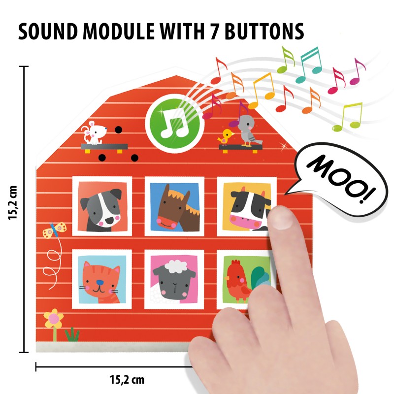 Módulo sonoro em forma de casa com botões de animais e texto em inglês, medida 15,2 cm