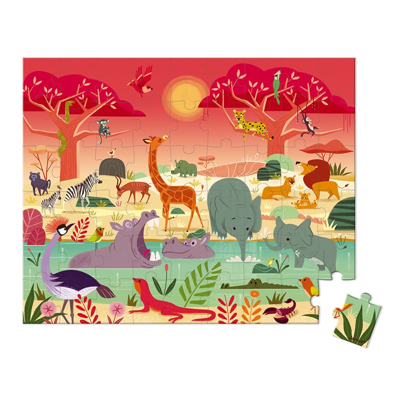 Puzzle infantil com ilustração de animais selvagens na savana ao pôr do sol